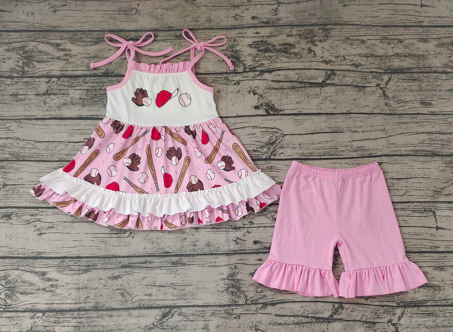 Baby Girls Pink Baseball Straps Tunic Top Ruffle Shorts Outfits Clothes Sets
