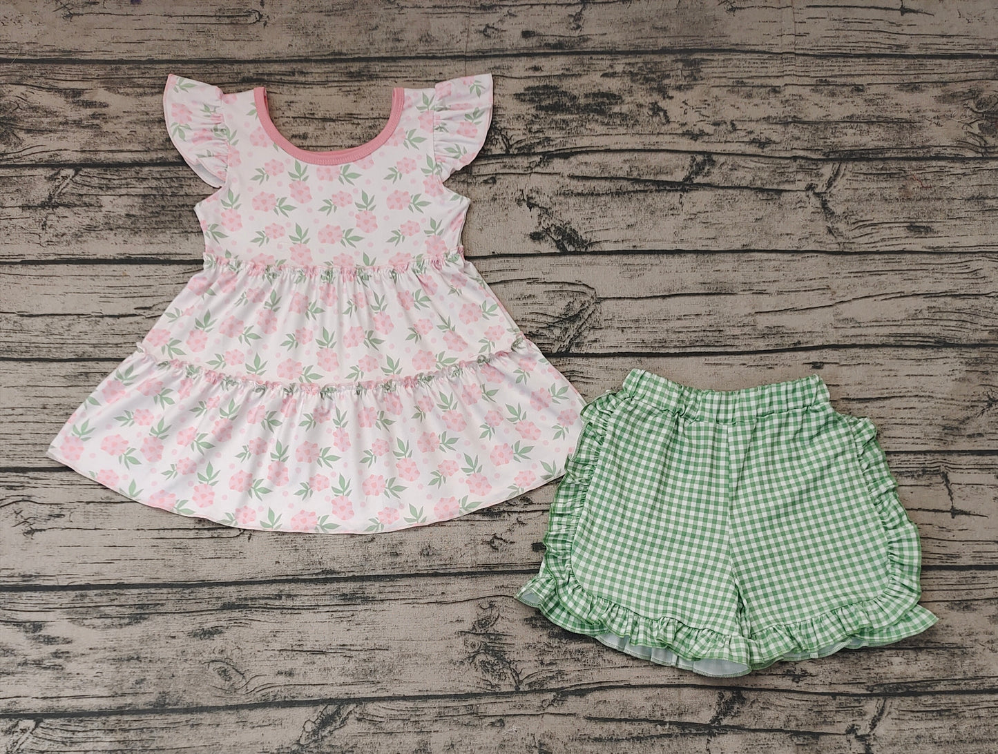 Baby Girls Toddler Green Pink Flowers Tunic Top Summer Shorts Clothes Sets