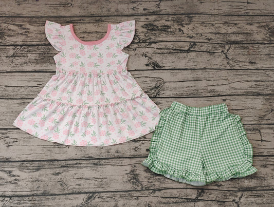 Baby Girls Toddler Green Pink Flowers Tunic Top Summer Shorts Clothes Sets