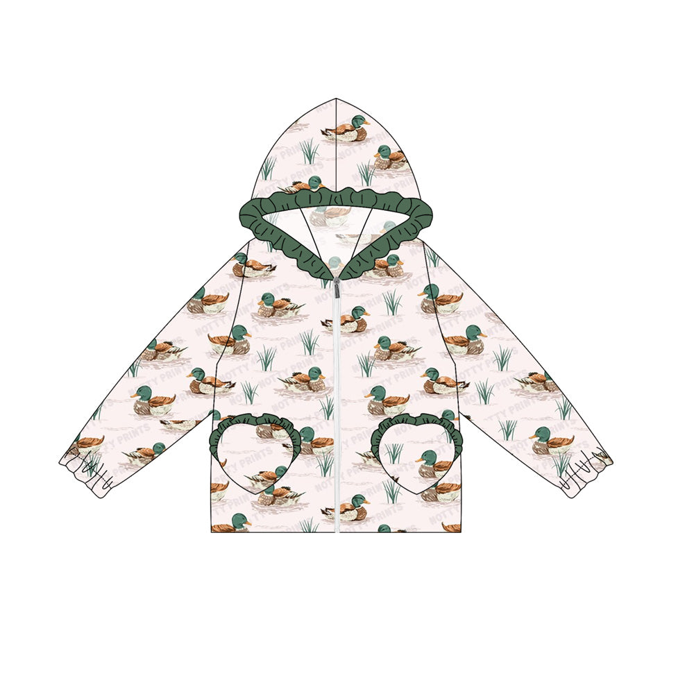 Preorder(moq 5) Baby Girls Long Ruffle Sleeves Ducks Plaid Pockets Zipper Hoodies Top