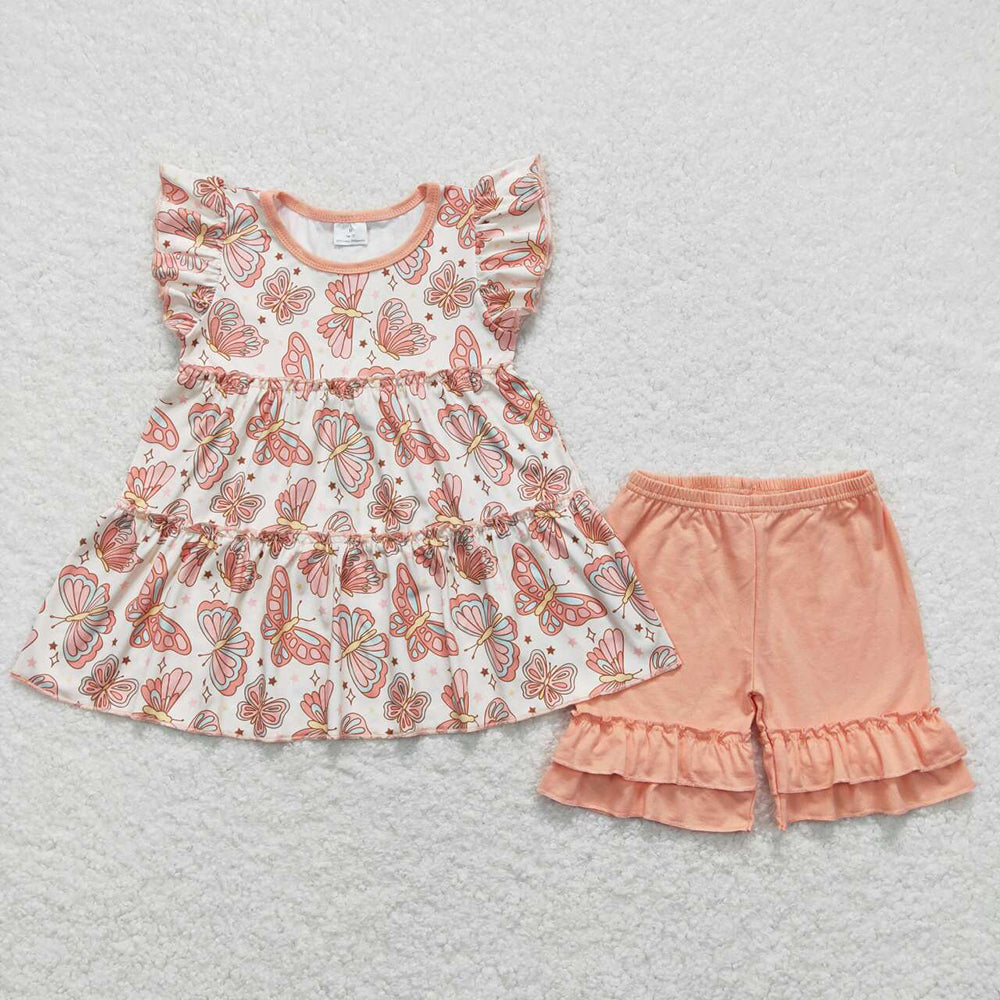 Baby Girls Butterfly Tunic Tops Ruffle Shorts Clothes Sets