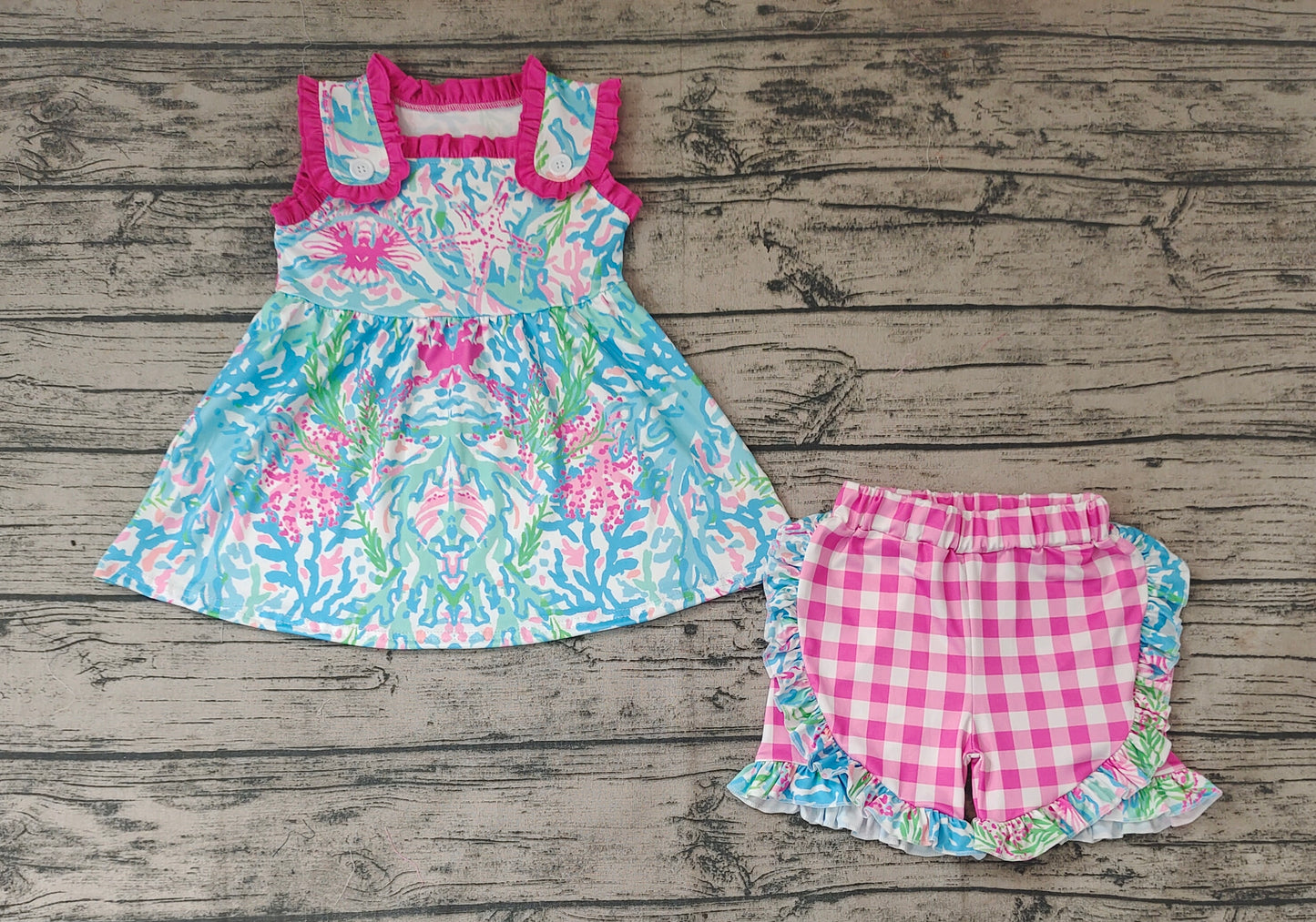 Baby Girls Water Flowers Blue Pink Tunic Top Ruffle Shorts Clothes Sets