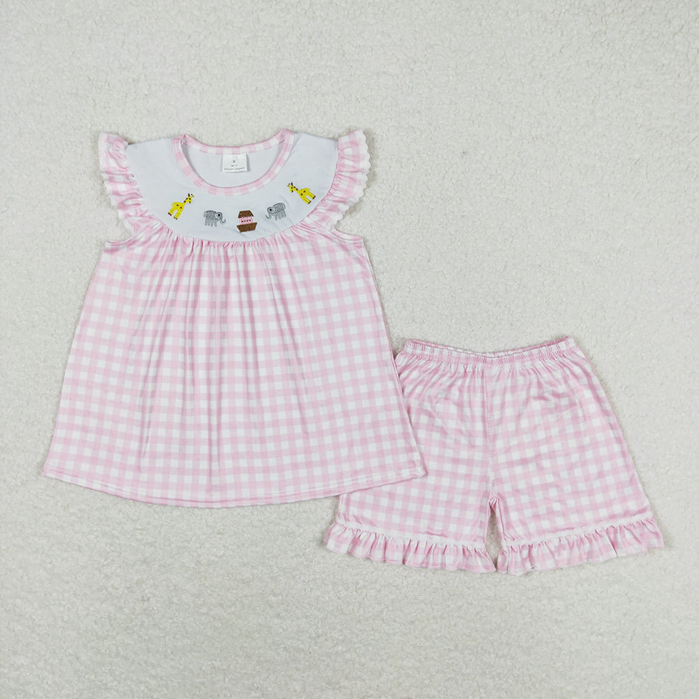 Baby Girls Giraffe Elephant Pink Checkered Tunic Top Ruffle Shorts Outfits Clothes Sets