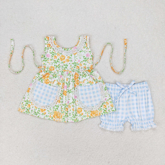 Sibling Baby Girls Yellow Flowers Pockets Tunic Top Ruffle Shorts Clothes Sets