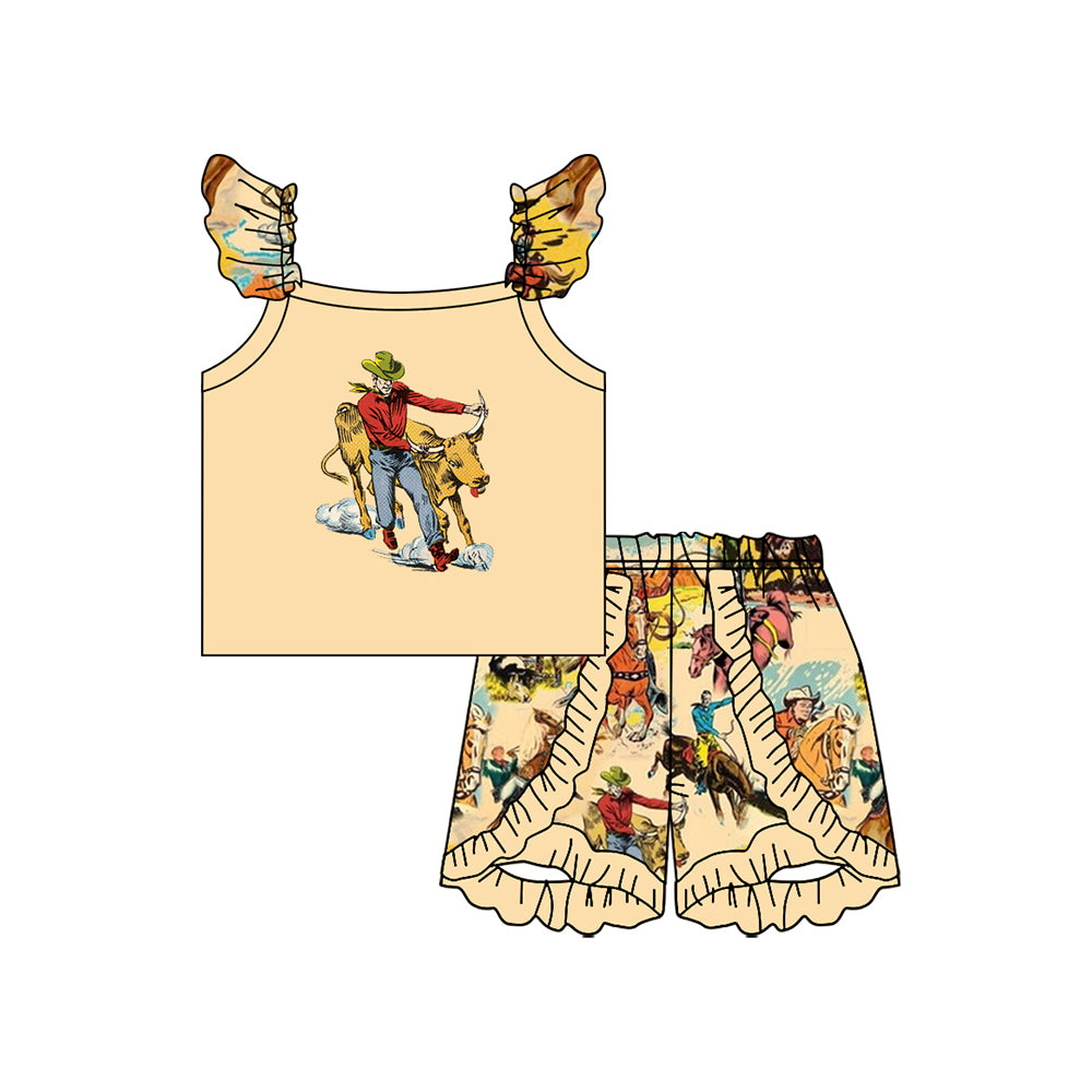 Preorder moq 5 Baby Girls Flutter Sleeves Horse Rodeos Top Ruffle Short Sets