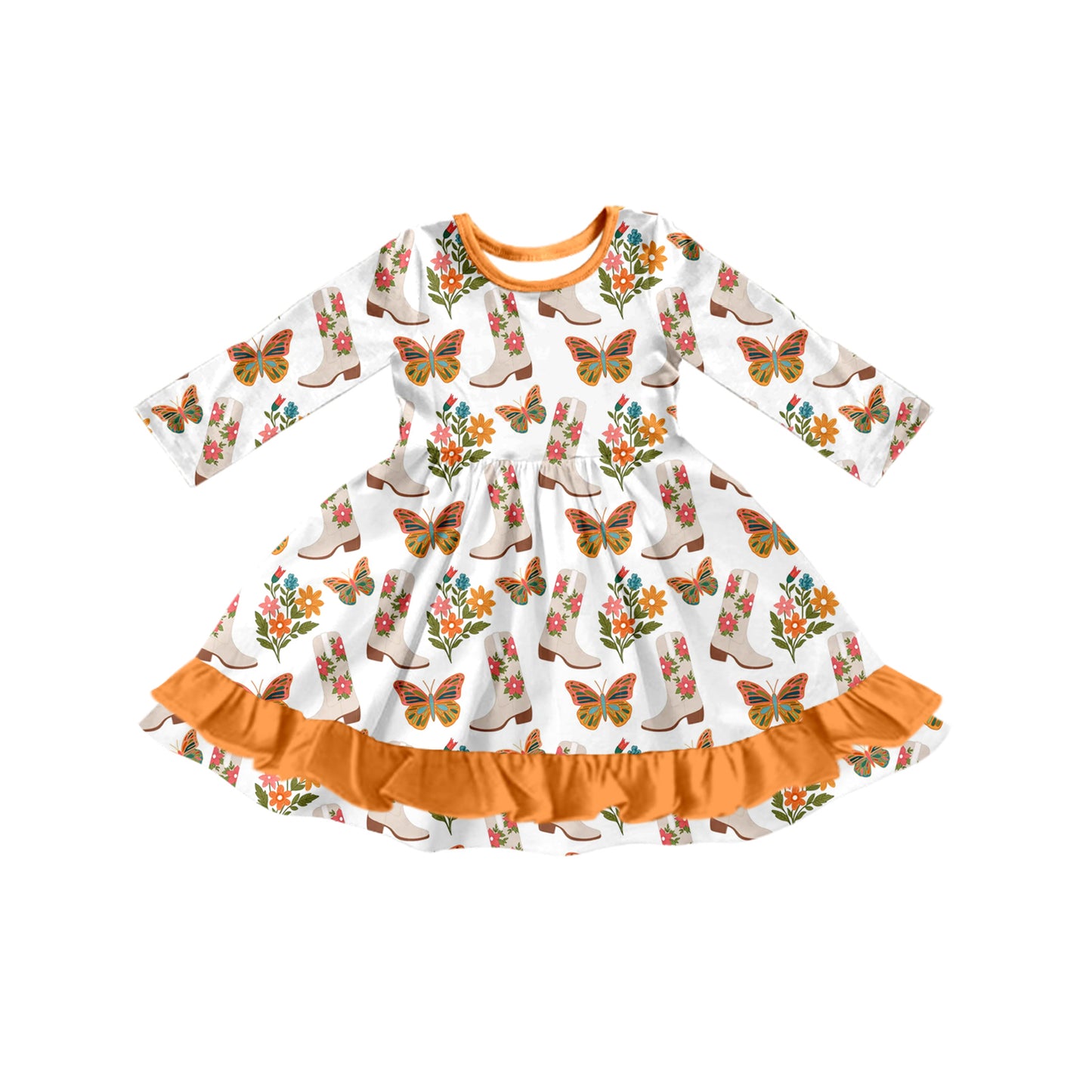 Preorder (moq 5)Baby Girls Long Sleeves Butterfly Floral Boots Ruffle Knee Length Dresses