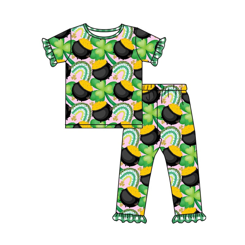 Baby Girls Lucky Quatrefoil Top Ruffle Pants Pajamas Outfits Clothes Sets preorder(moq 5)