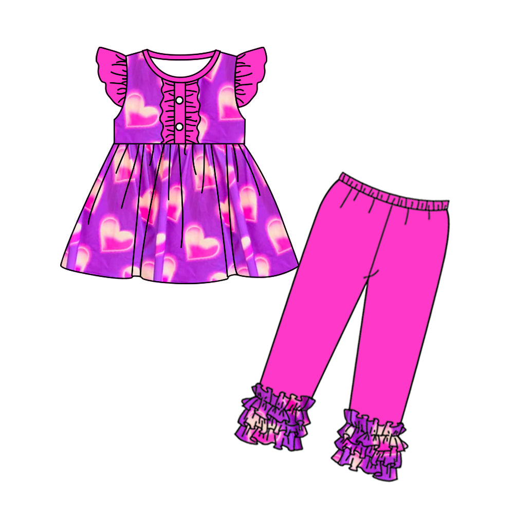 Baby Girls Flutter Sleeve Purple Hearts Tunic Legging Valentines Clothes Sets preorder(moq 5)