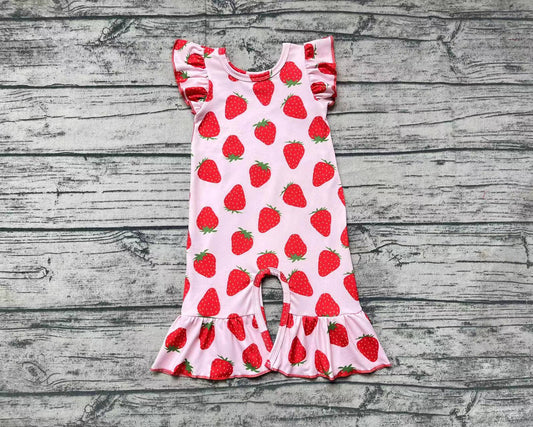 Baby Girls Pink Strawberry Flutter Sleeve Rompers