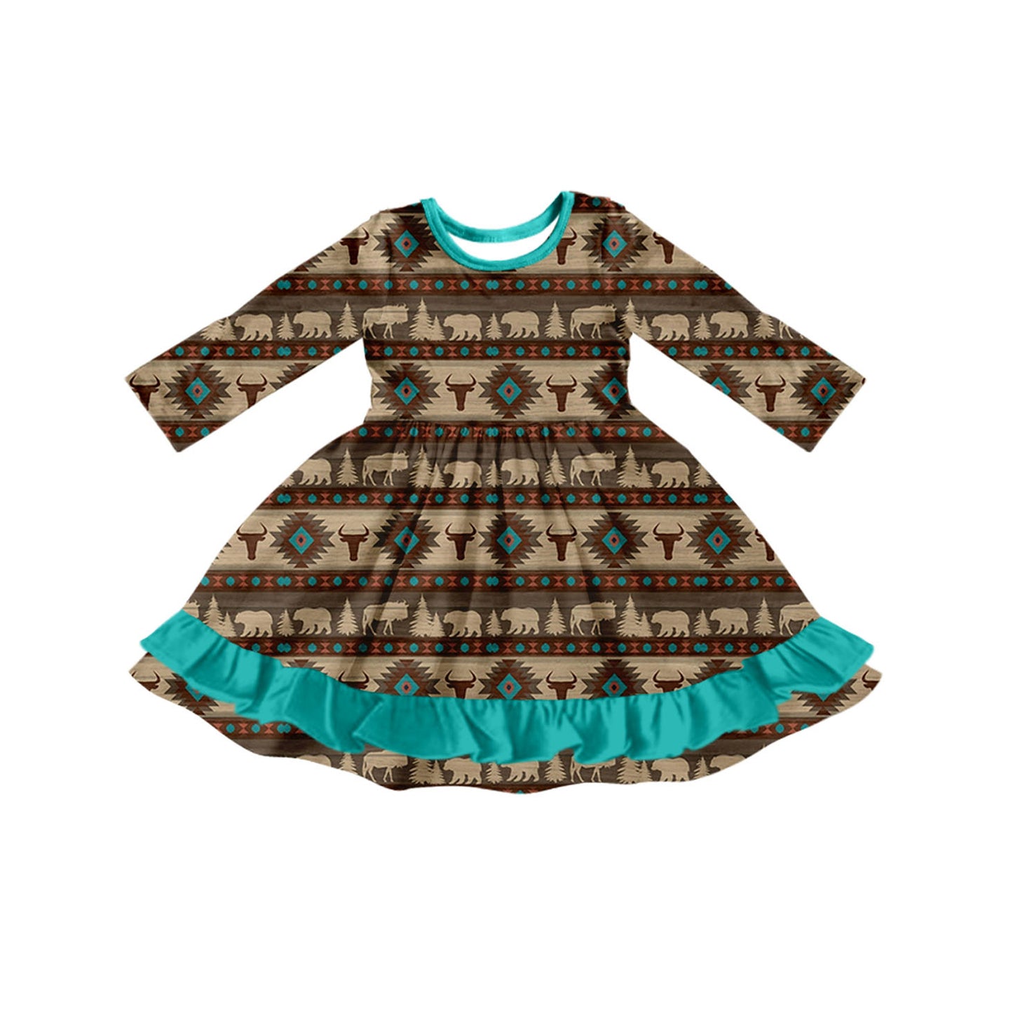 Preorder (moq 5)Baby Girls Long Sleeves Bull Skull Aztec Stripes Ruffle Knee Length Dresses