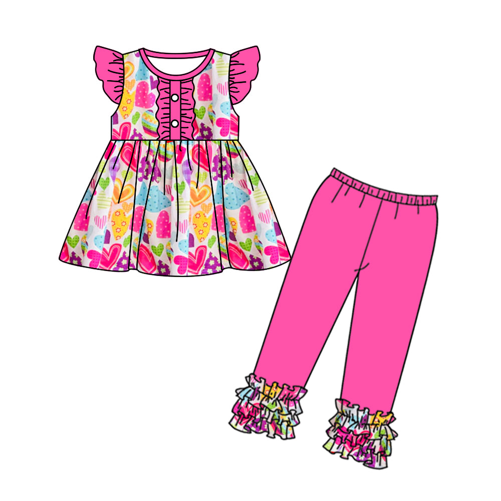 Baby Girls Flutter Sleeve Pink Colorful Hearts Tunic Legging Valentines Clothes Sets preorder(moq 5)