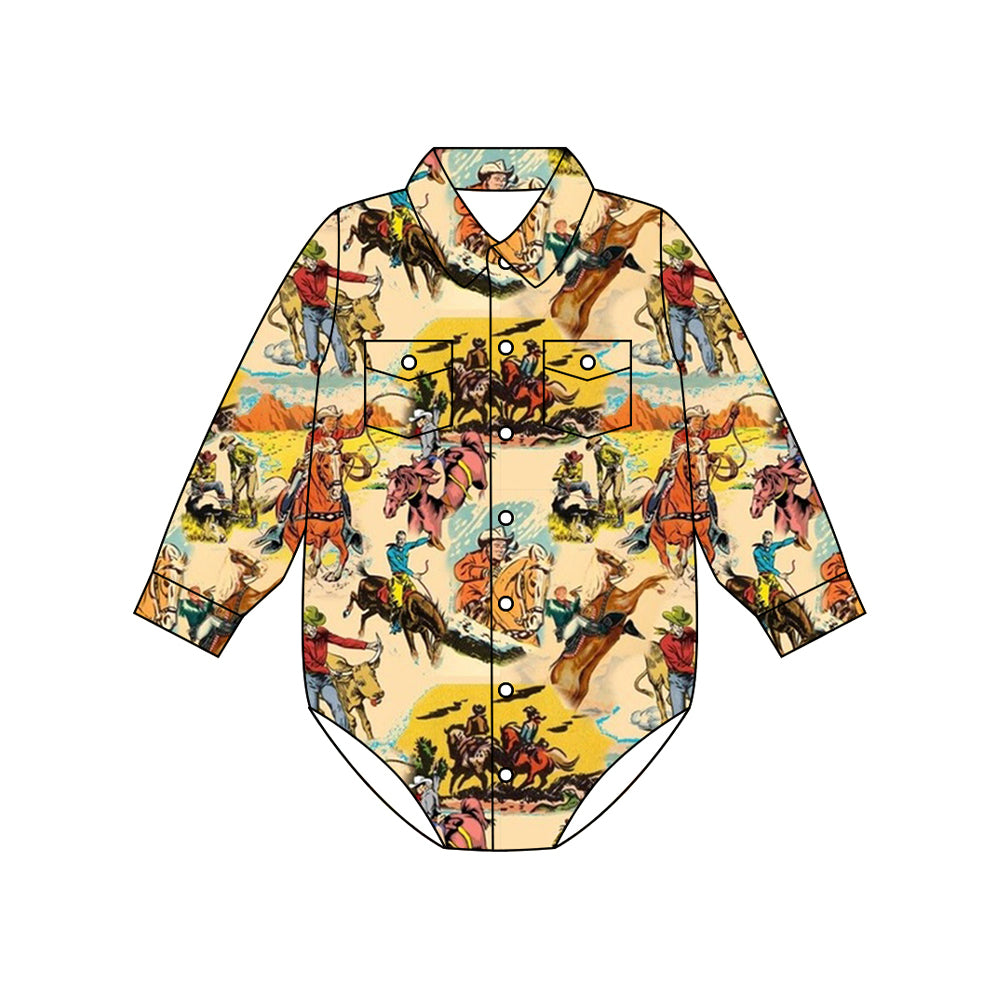 Preorder moq 5 Baby Boys Long Sleeves Horse Rodeos Button Pockets Rompers