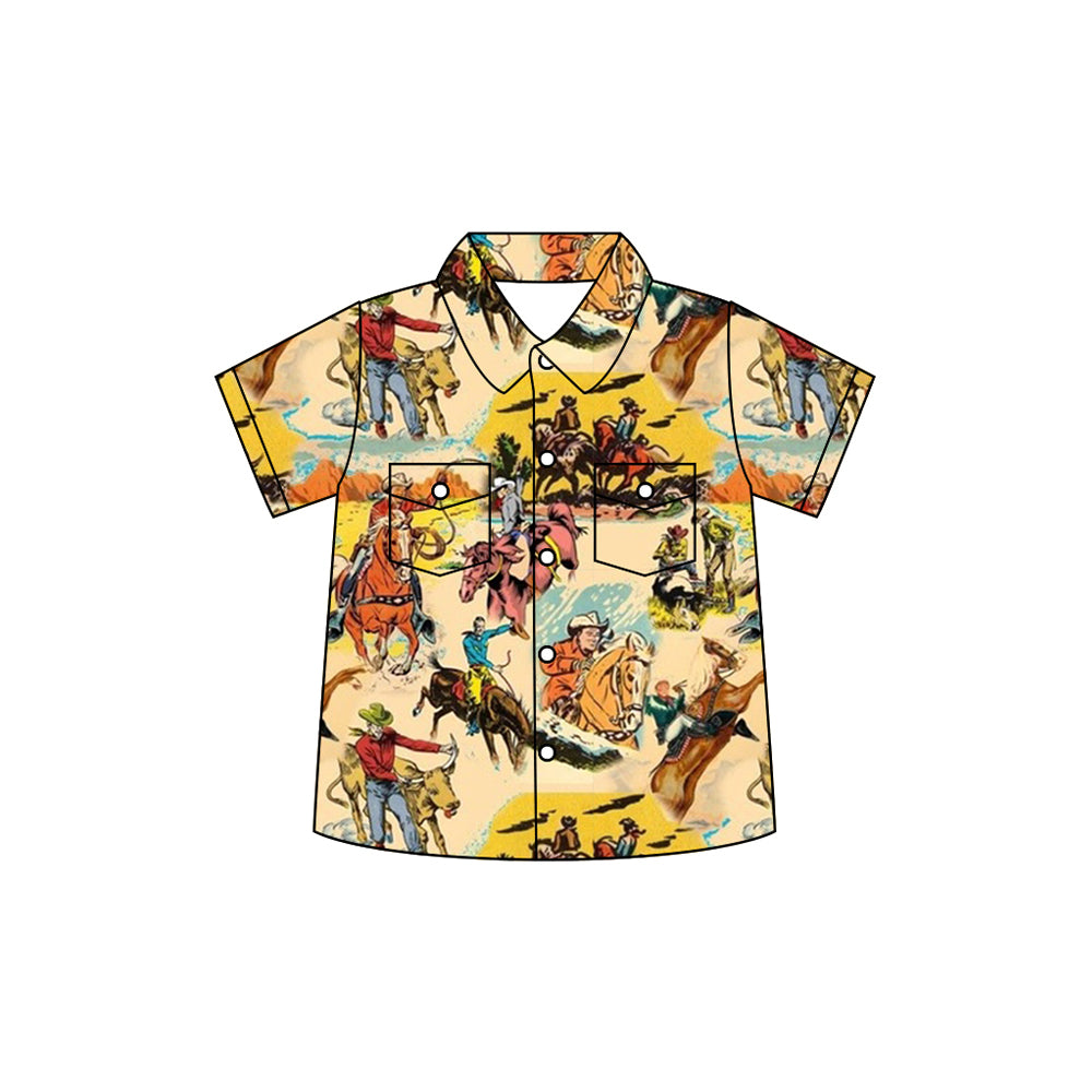 Preorder moq 5 Baby Boys Short Sleeves Horse Rodeos Button Pockets Shirts Top