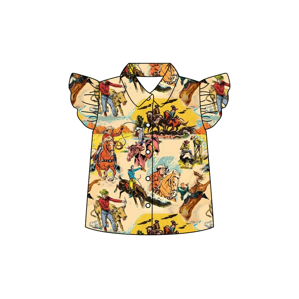 Preorder moq 5 Baby Girls Flutter Sleeves Horse Rodeos Button Shirts Top
