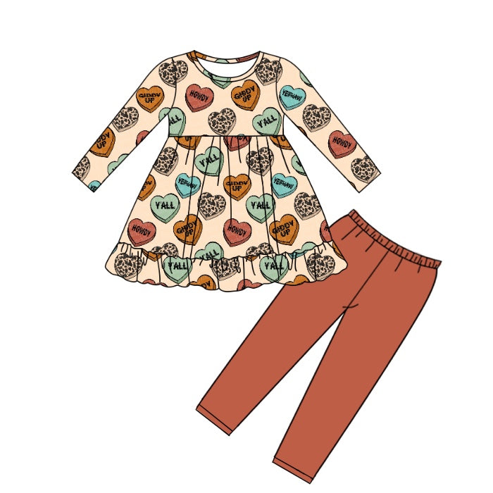 Baby Girls Howdy Ruffle Tunic Top Legging Valentines Clothes Sets preorder(moq 5)