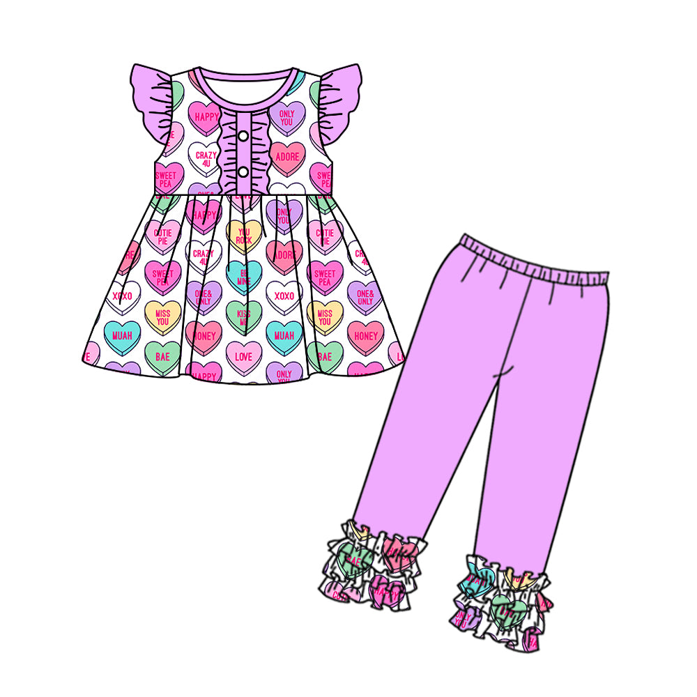 Baby Girls Flutter Sleeve Lavender Hearts Tunic Legging Valentines Clothes Sets preorder(moq 5)