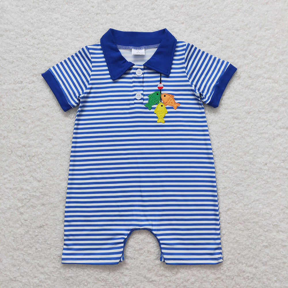 Sibling Brother Baby Boys Fishing Blue Stripes Summer Clothes Sets