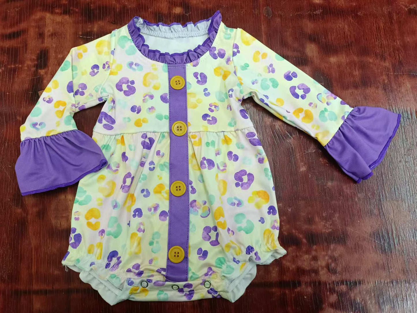 Preorder(moq 5)Baby Infant Girls Purple Leopard Buttons Long Sleeve Rompers