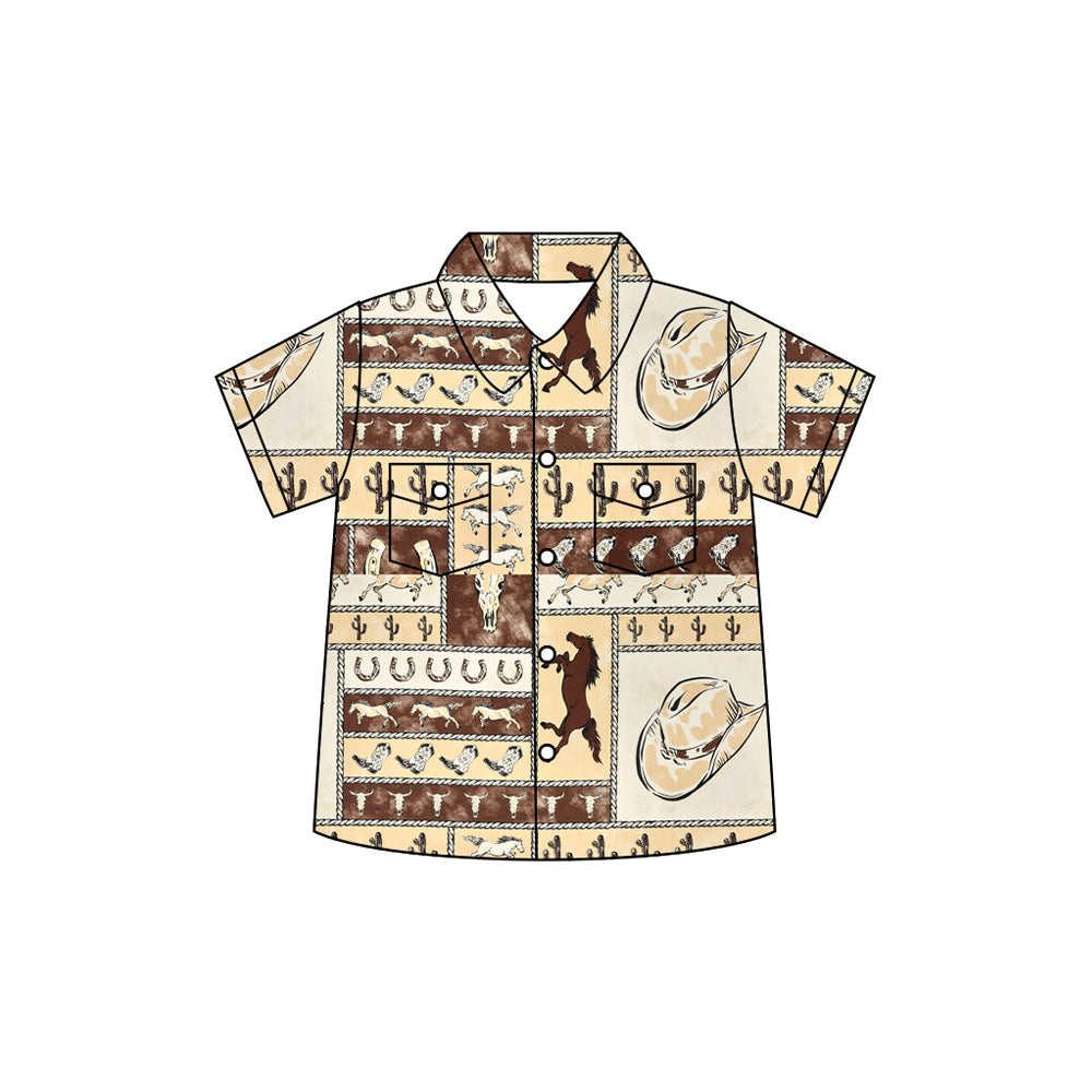 Preorder moq 5 Baby Boys Short Sleeves Horse Boots Button Pockets Shirts Top