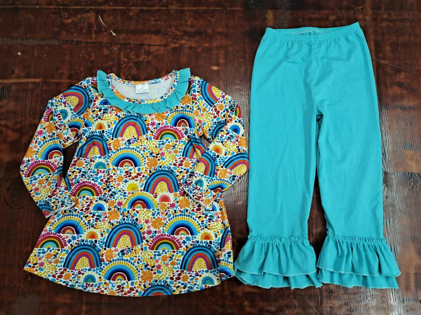 Preorder (moq 5)Baby Girls Colorful Rainbow Tunic Top Ruffle Pants Outfits Clothes Sets