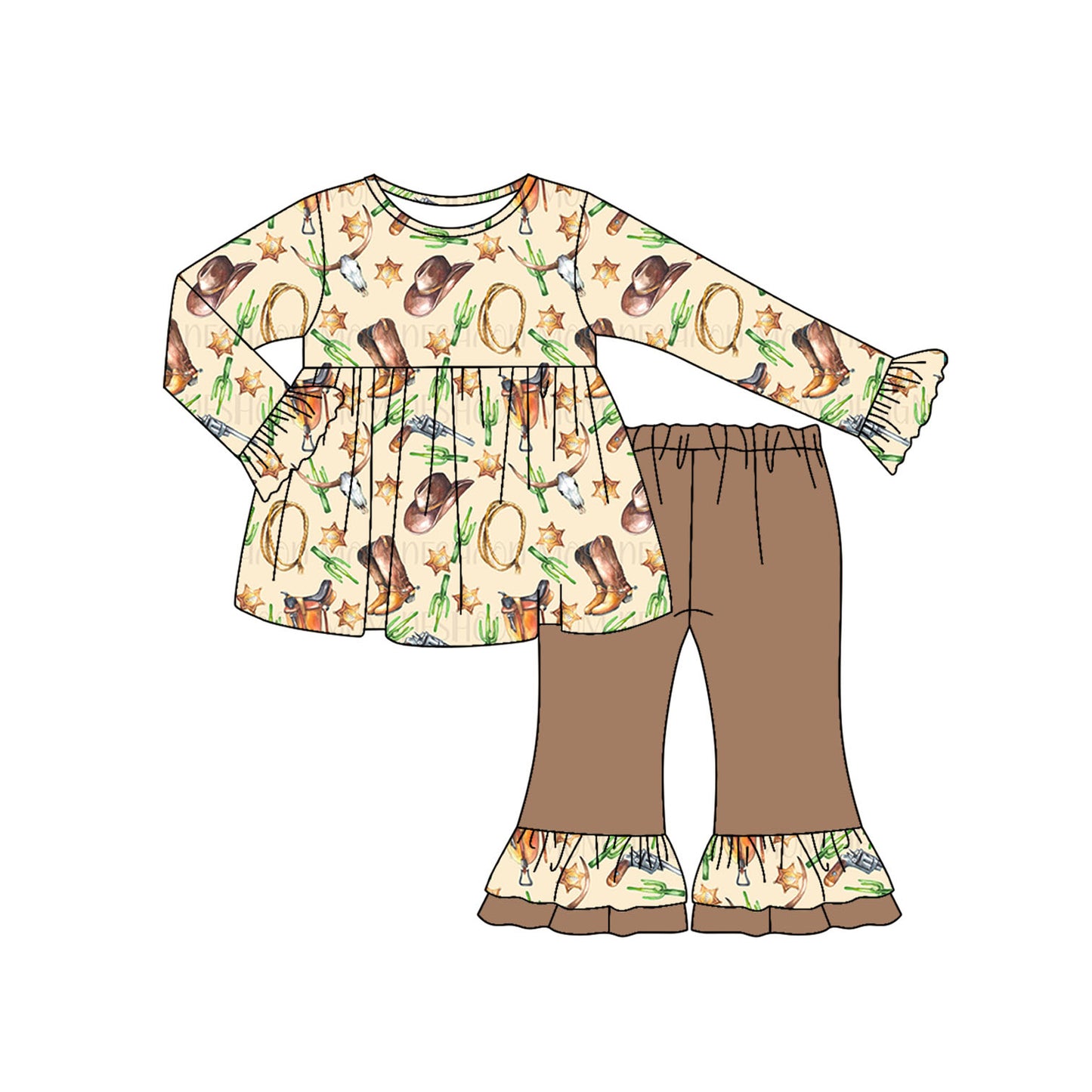 Preorder (moq 5)Baby Girls Long Ruffle Sleeves Hats Boots Hunting Tunic Flare Pants Set