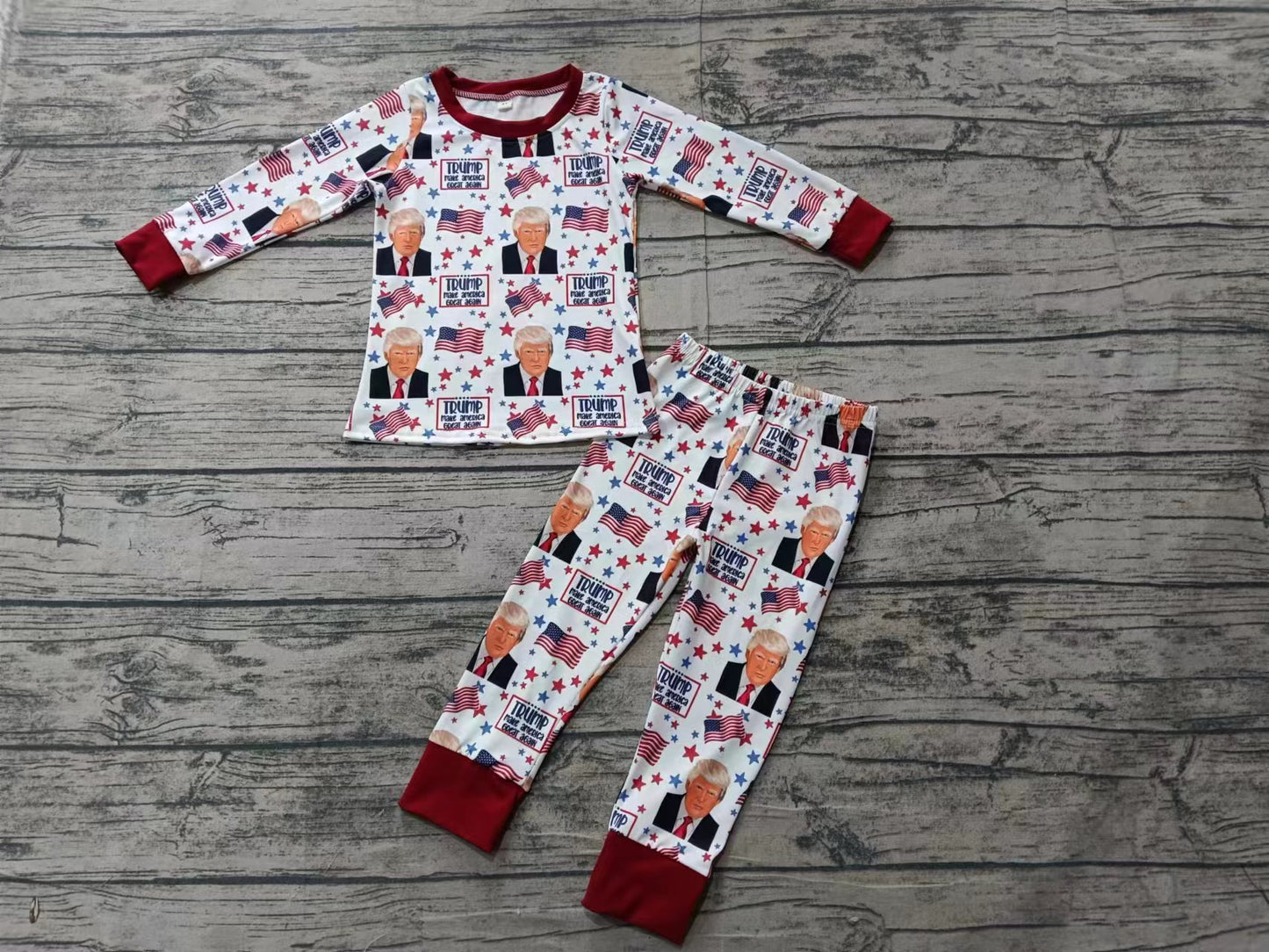 Preorder (moq 5)Baby Girls Trumps Flags Top Pants Pajamas Clothes Sets