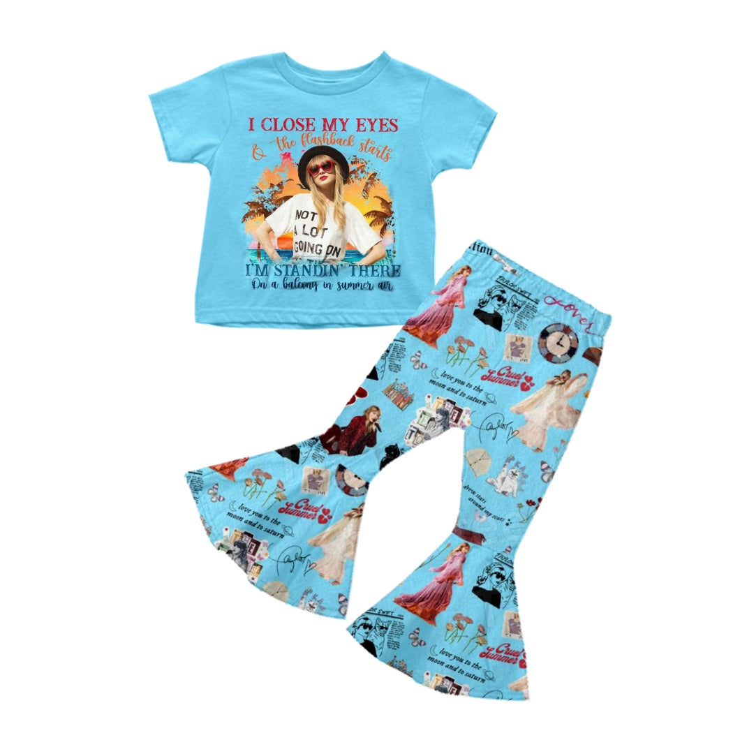Baby Girls Short Sleeve Singer Tee Shirt Bell Blue Pants Sets preorder(moq 5)