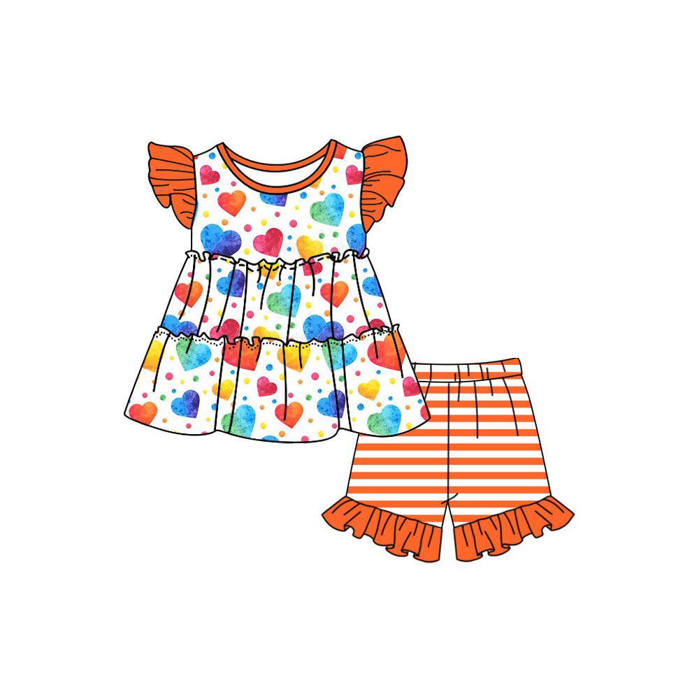 Baby Girls Red Colorful Hearts Tunic Top Ruffle Shorts Clothes Sets preorder(moq 5)
