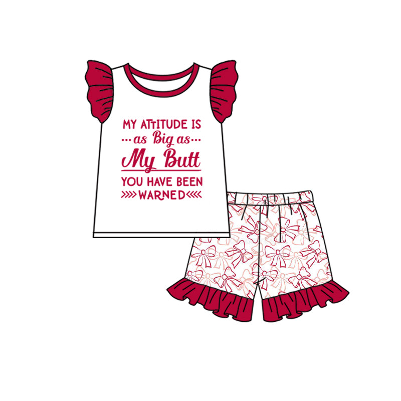 Baby Girls Red My Attitude Shirt Summer Bows Shorts Clothes Sets preorder(moq 5)