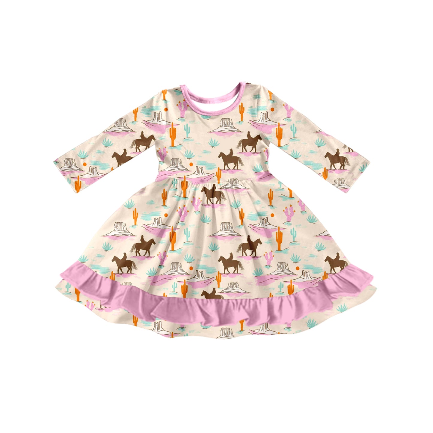 Preorder (moq 5)Baby Girls Long Sleeves Horse Rodeos Cactus Ruffle Knee Length Dresses