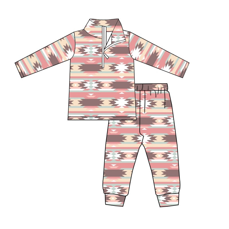Baby Boys Western Pink Aztec Zip Pullover Tee Pants Clothes Sets preorder(moq 5)
