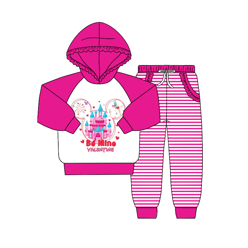Baby Girls Pink Castle Hooded Top Stripes Pants Clothes Sets preorder(moq 5)
