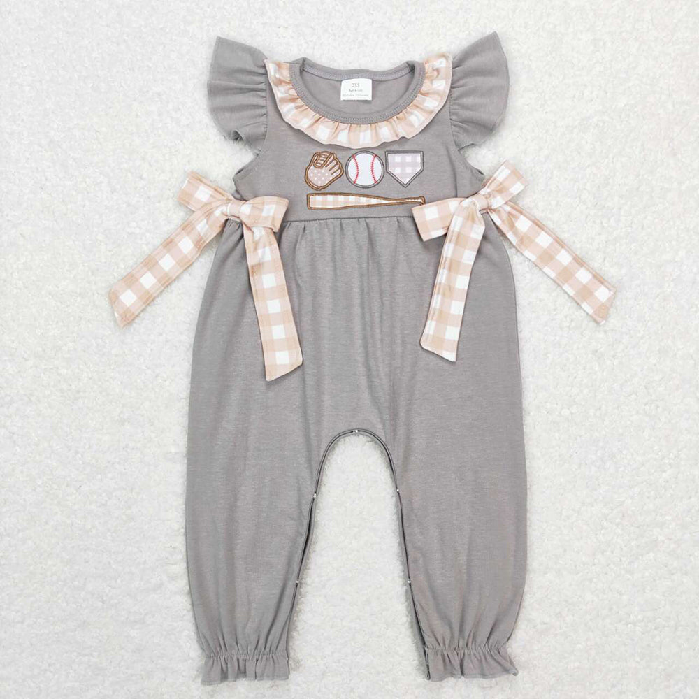 Baby Infant Girls Grey Baseball Short Sleeve Bows Rompers