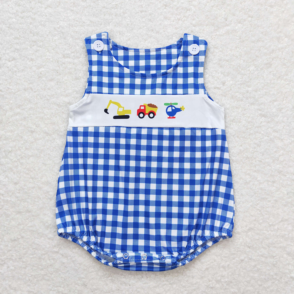 Baby Infant Boys Blue Checkered Constructions Rompers