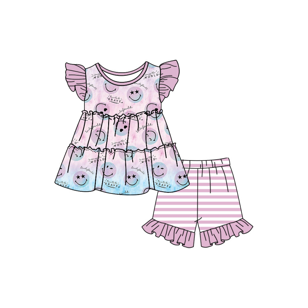 Baby Girls Spring Purple Smile Tunic Top Ruffle Shorts Clothes Sets preorder(moq 5)