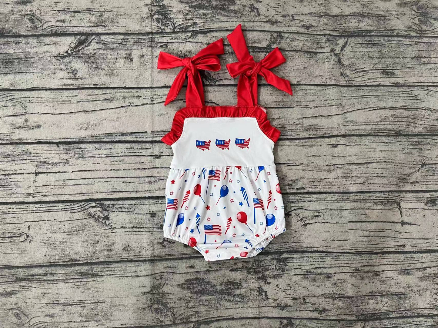 Baby Infant Girls 4th Of July Flags Balloons Straps Rompers