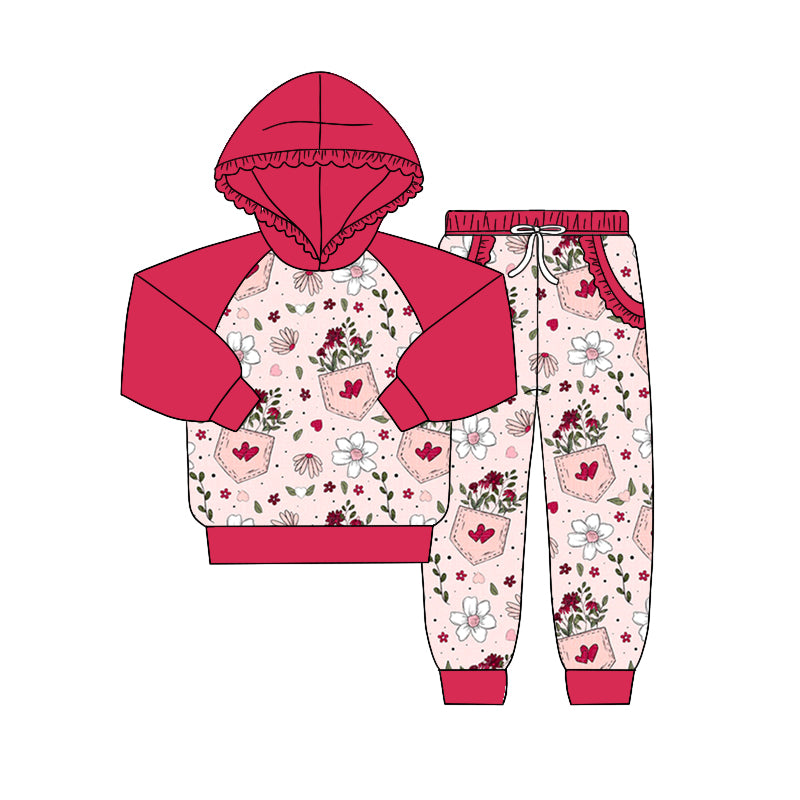 Baby Girls Long Sleeve Flowers Hearts Hooded Top Pants Clothes Sets preorder(moq 5)
