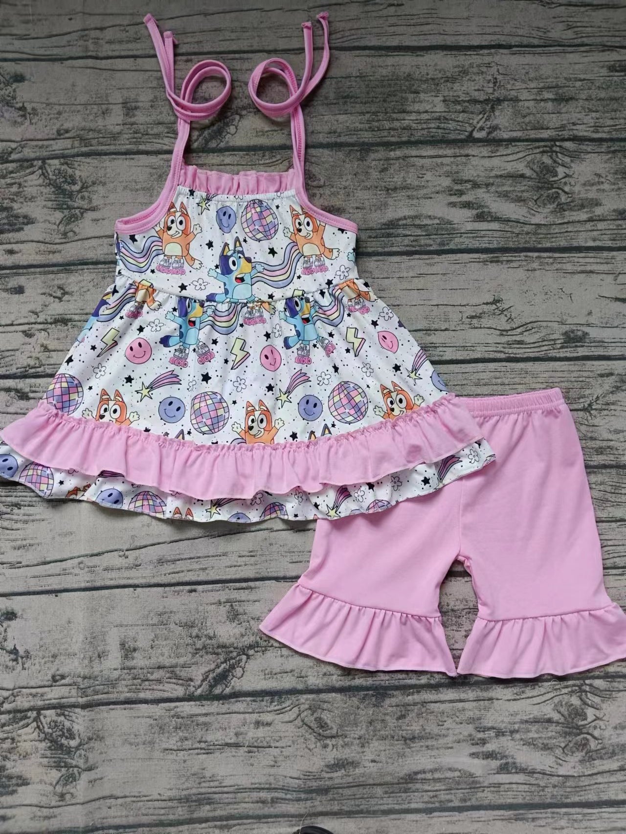 Baby Girls Straps Dog Disco Tunic Ruffle Shorts Outfits Sets Preorder(moq 5)