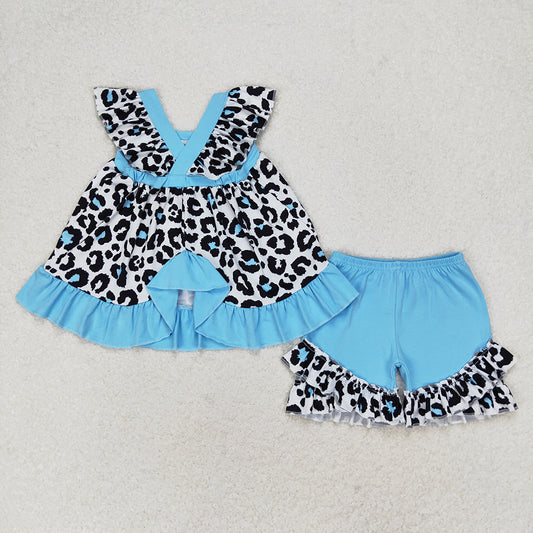 Baby Girls Blue Leopard Tunic Top Ruffle Shorts Clothes Sets