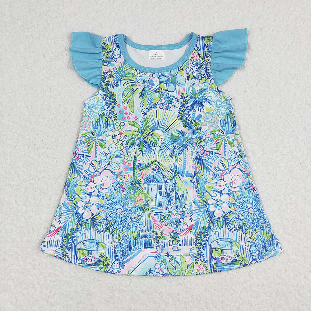 Baby Girls Blue Pink Flowers Flutter Sleeve Tunic Tops