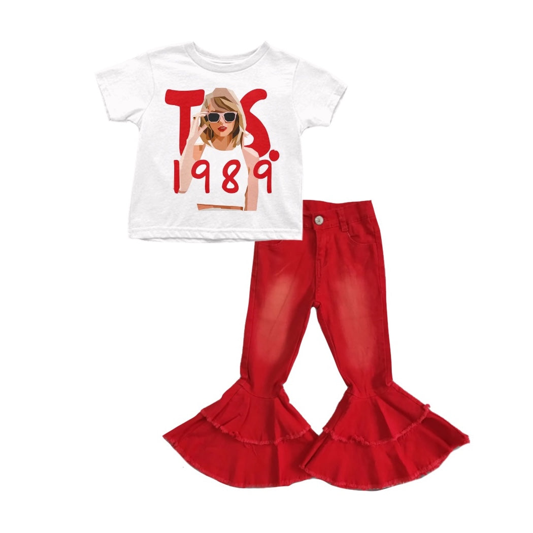 Baby Girls Singer 1989 White Tee Shirts Tops Red denim pants sets preorder(moq 5)
