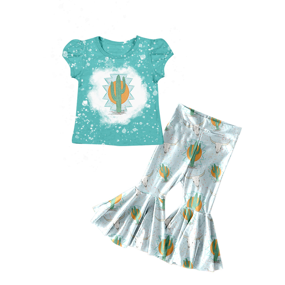 Baby Girls Western Blue Cactus Shirt Flare Pants Clothes Sets preorder(moq 5)