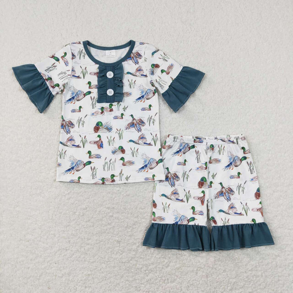 Baby Girls Duck Short Sleeve Buttons Tee Top Shorts Pajamas Clothes Sets