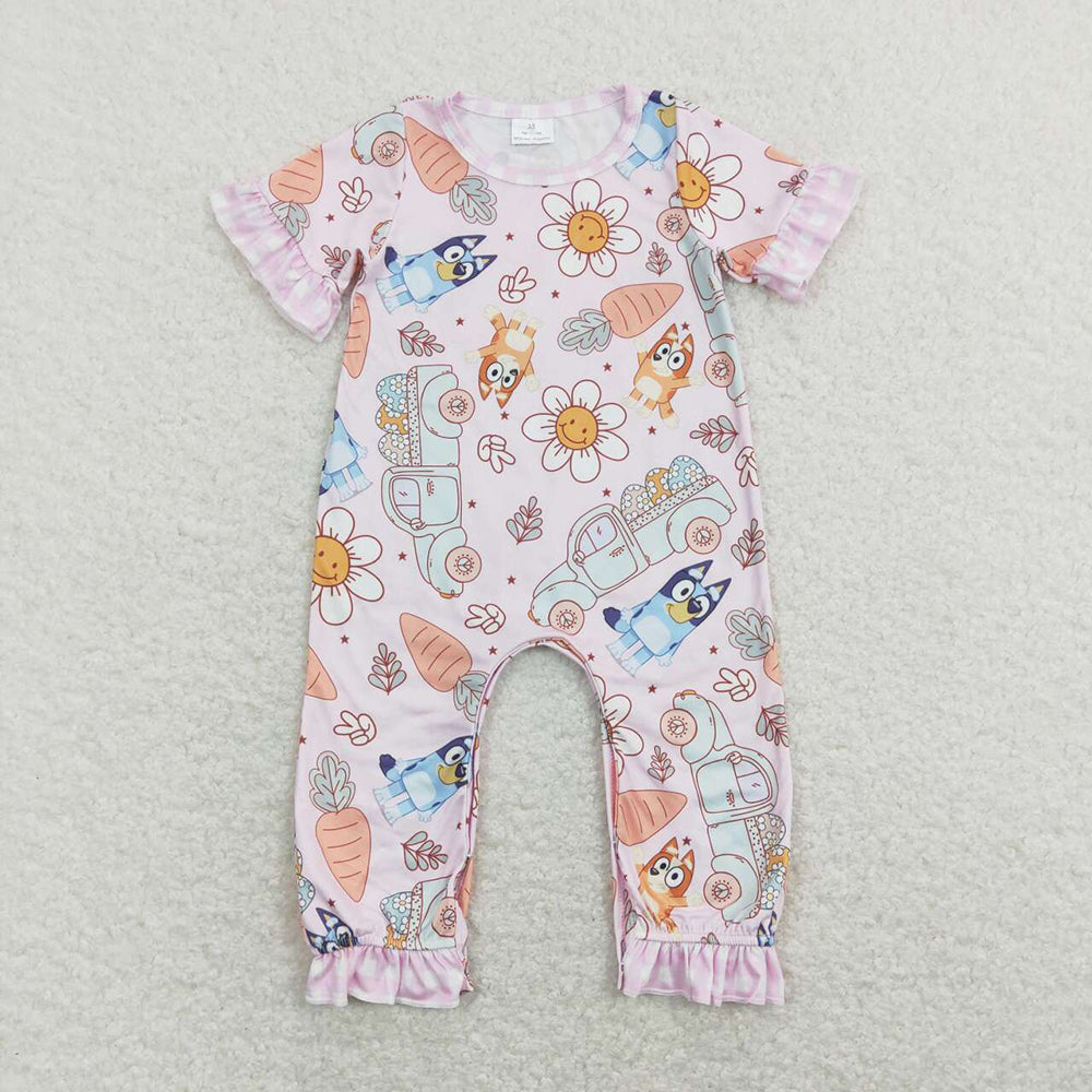 Baby Children Infant Girls Flowers Easter Dog Carrots Short Sleeve Rompers