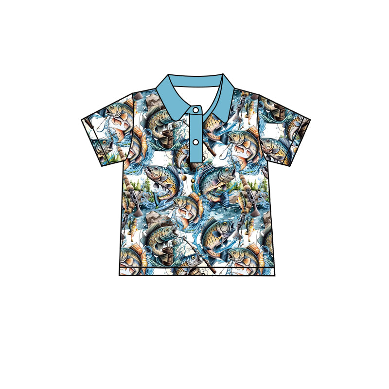 Baby Boys Fish Blue Buttons Short Sleeve Tee Shirts Tops preorder(moq 5)