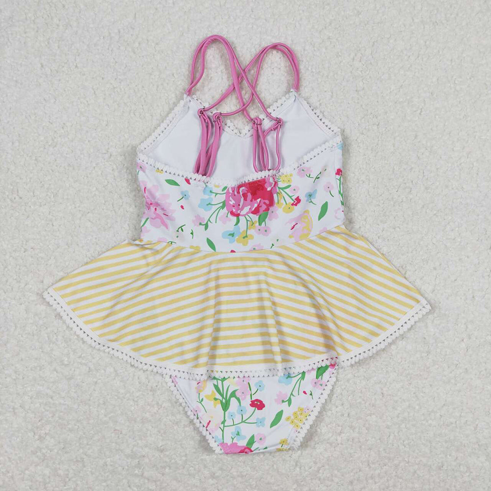 Baby Girls Pink Flowers Yellow Stripes Ruffle One Piece Swimsuits