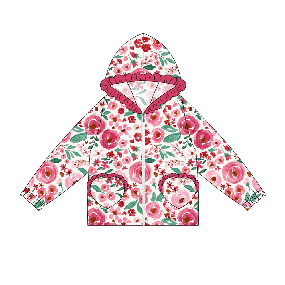 Preorder(moq 5) Baby Girls Long Ruffle Sleeves Pink Flowers Pockets Zipper Hoodies Top