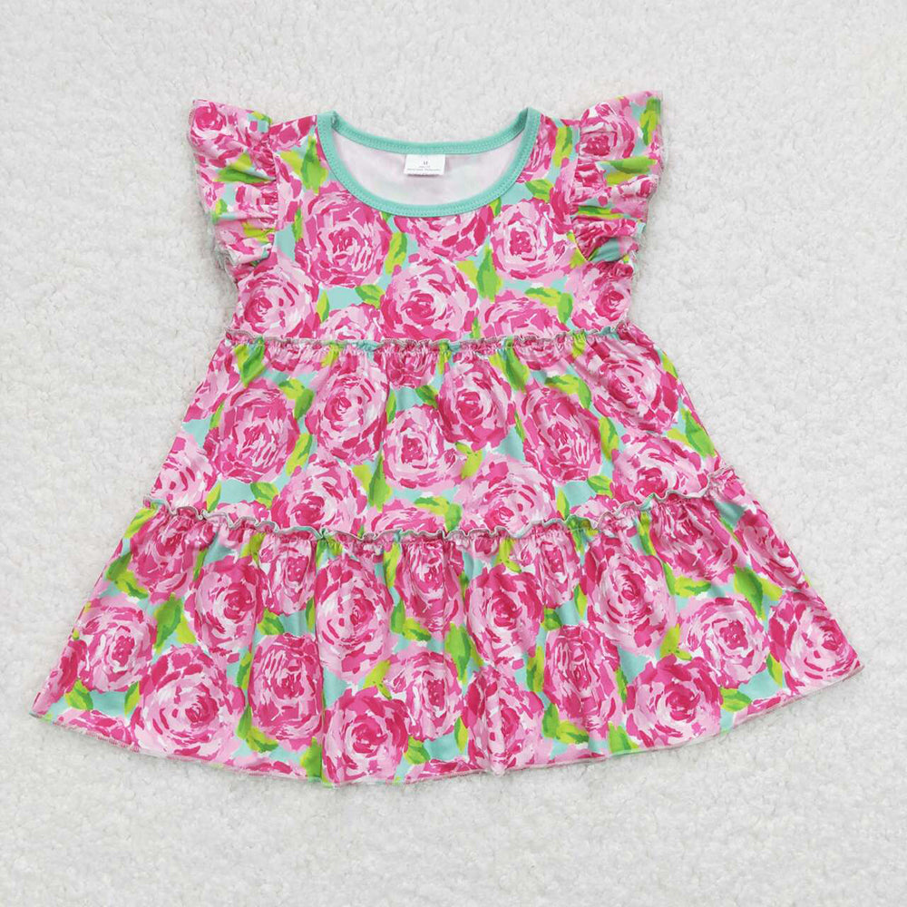Baby Girls Summer Flutter Sleeve Pink Rose Flowers Tunic Tops