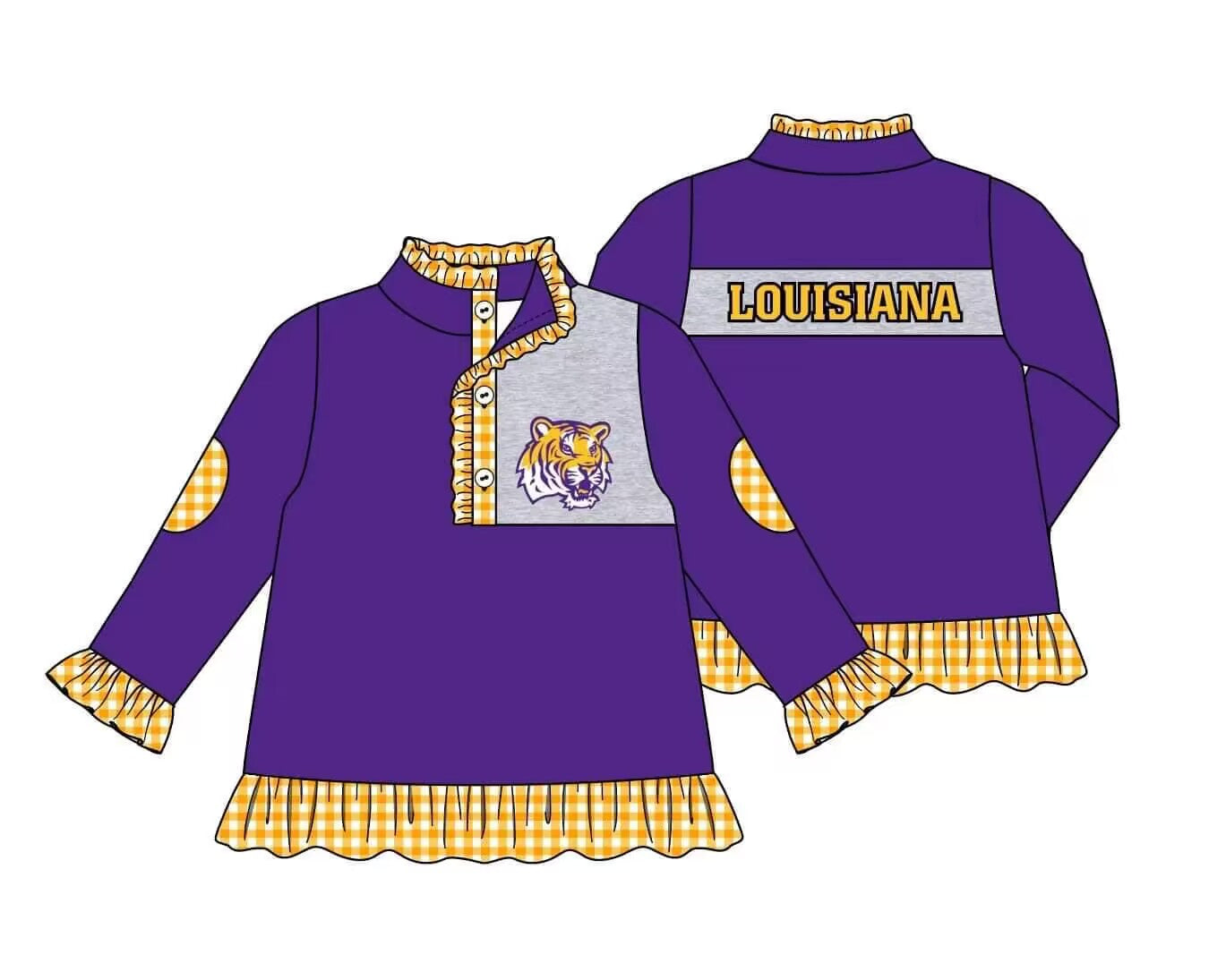 Preorder moq 5 Baby Girls Purple Chekered LSU Team Tigers Long Sleeve Pullover Tops