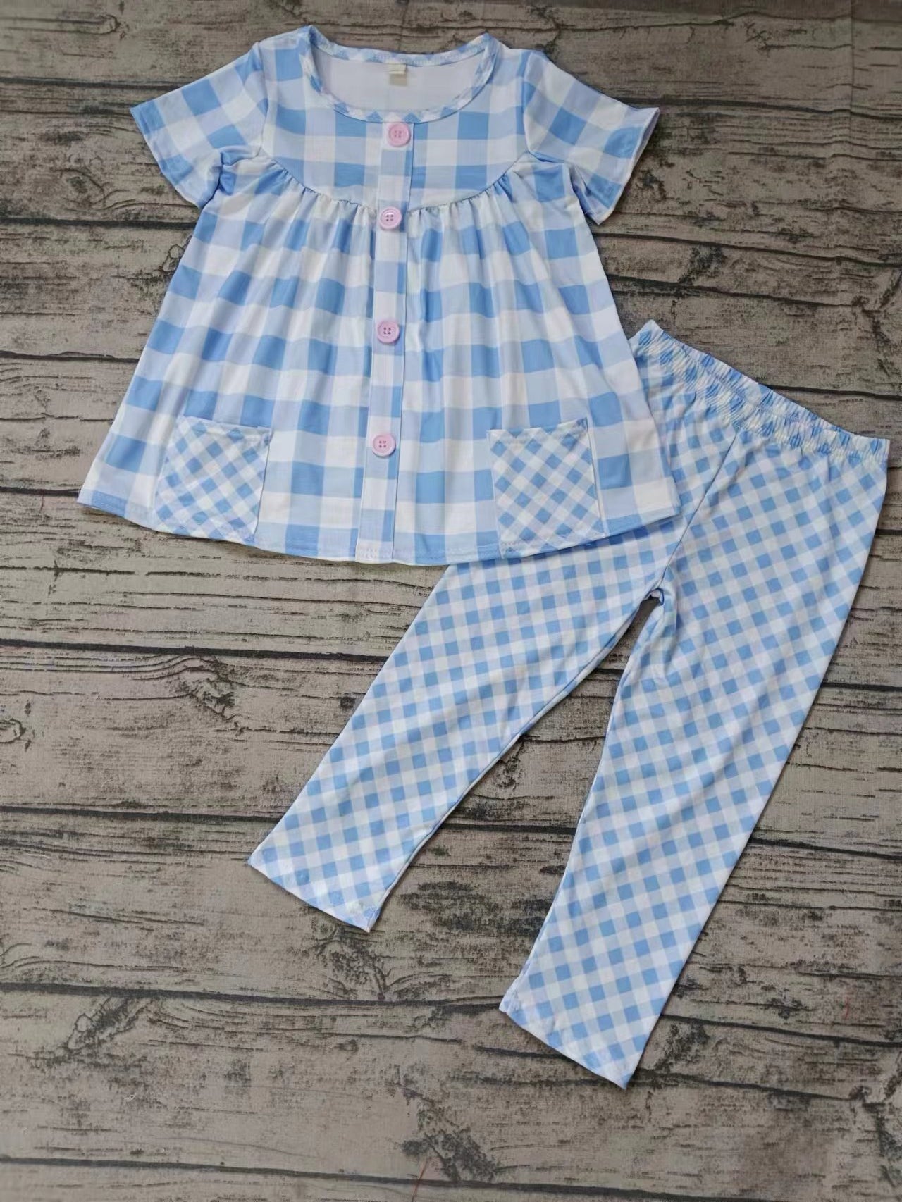 Baby Girls Blue Checkered Pockets Top Legging Clothes Sets preorder (moq 5)